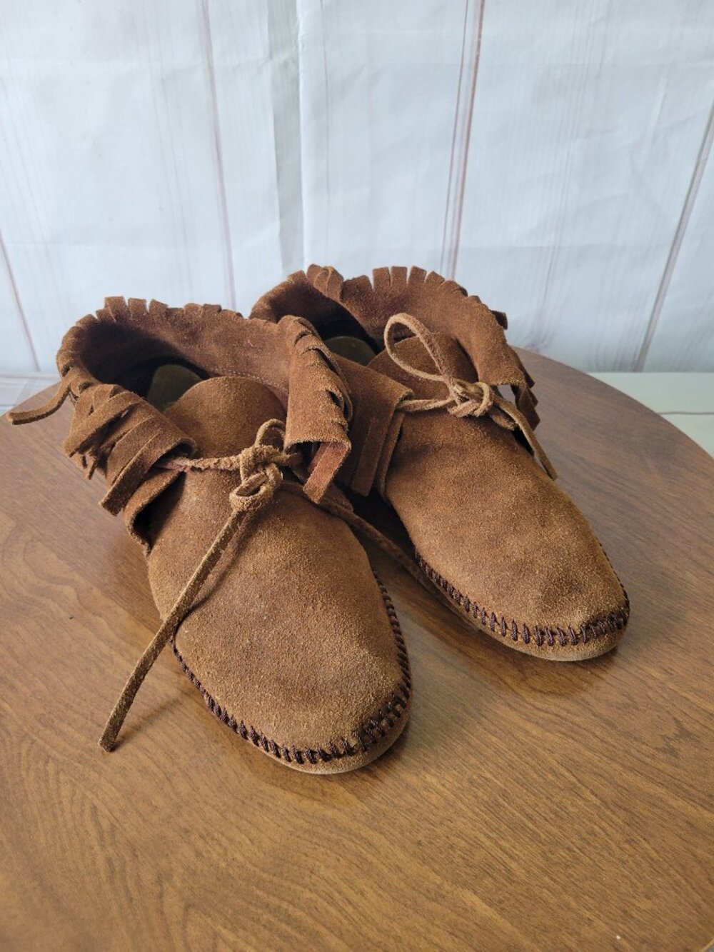Vintage Authentic Fringe Leather Moccasin’s Slip-on, Tie front, hand made